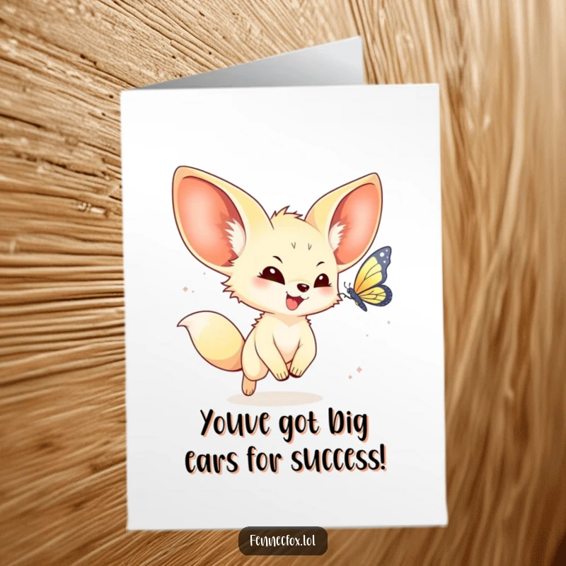 Funny Free Printable Congratulations Card: Kawaii fennec fox with huge ears chasing a butterfly celebrating success.