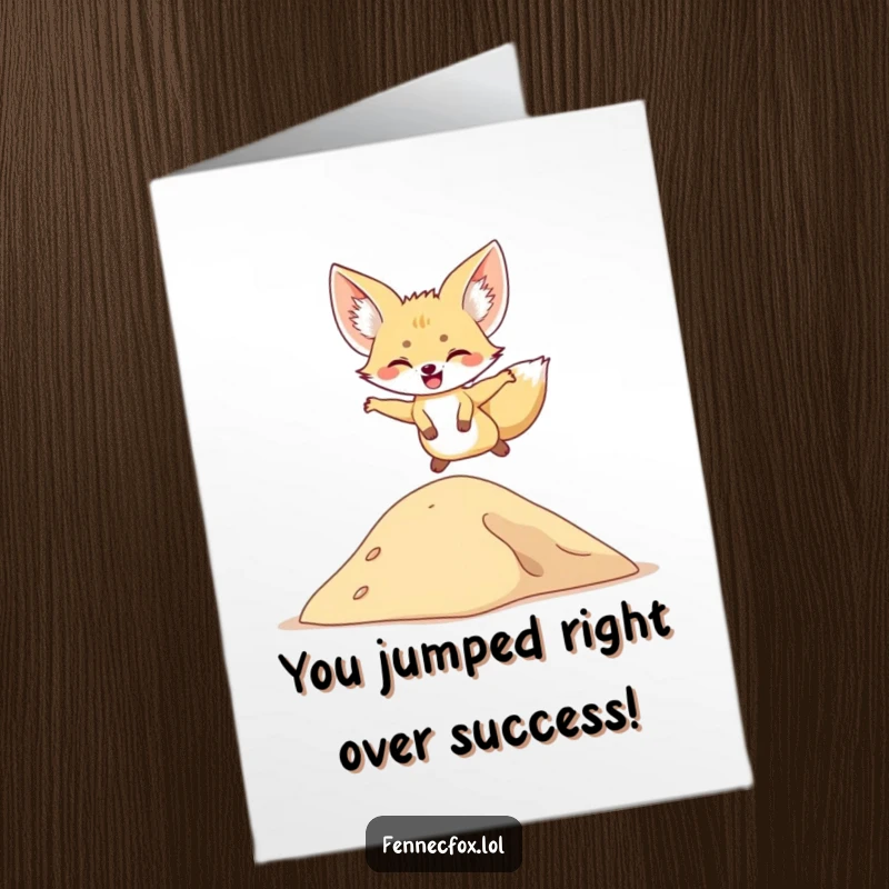 Funny Free Printable Congratulations Card showing a fennec fox leaping over a sand dune, celebrating achievements with pure joy.