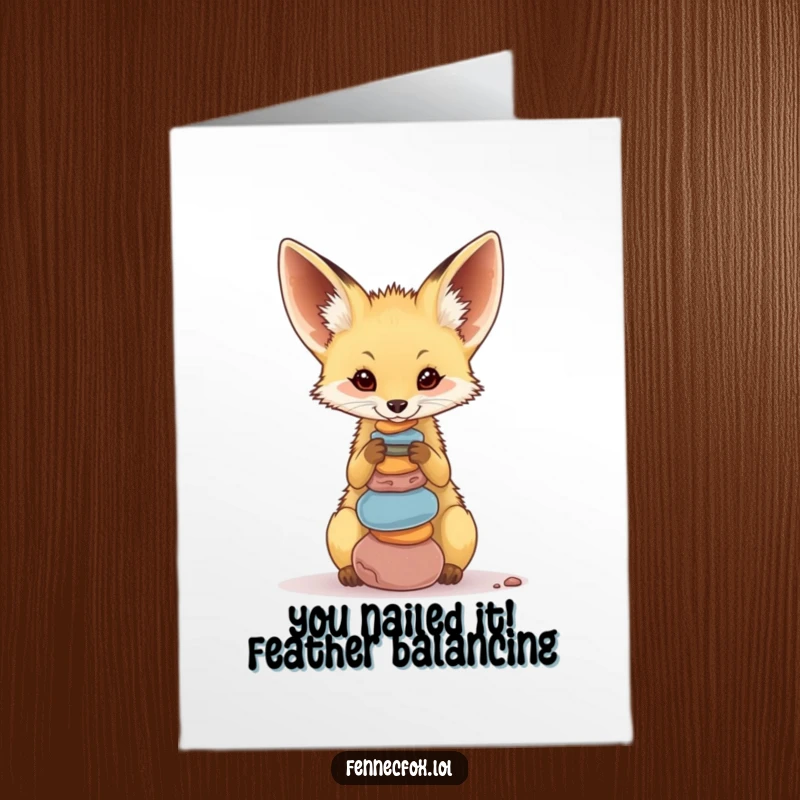 Funny Free Printable Congrats Card: Fennec fox balancing pebbles, symbolizing a successful achievement, ready to congratulate.