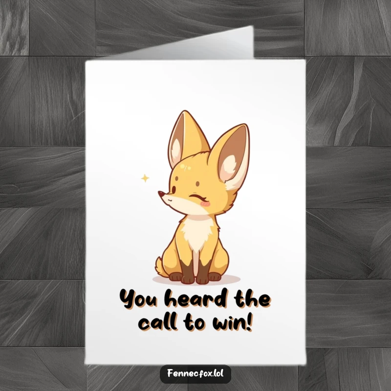 Funny Free Printable Congrats Card: Fennec fox character listening intently, celebrating achievements with sharp ears.