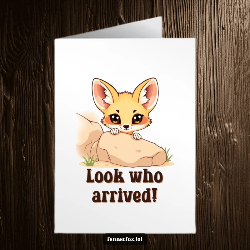 Funny Free Printable Congratulations Card: Fennec fox with curious eyes peering from behind a rock, celebrating success, a downloadable gift.