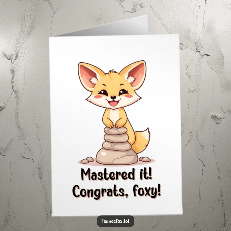 Funny Free Printable Congratulations Card: Smiling fennec fox masterfully balancing a precarious stack of desert stones.