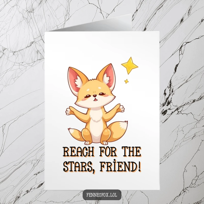 Funny free printable congratulations card of a fennec fox with paws outstretched, reaching for a brilliant falling star.
