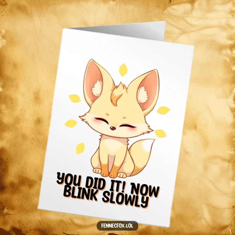 Funny Free Printable Congrats Card: Fennec fox blinking slowly, squinting in sun, a relaxed congratulatory moment.