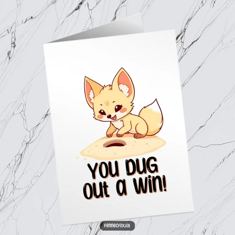 Funny Free Printable Congratulations Card: A fennec fox with large ears happily digging a hole with furry paws in soft sand.