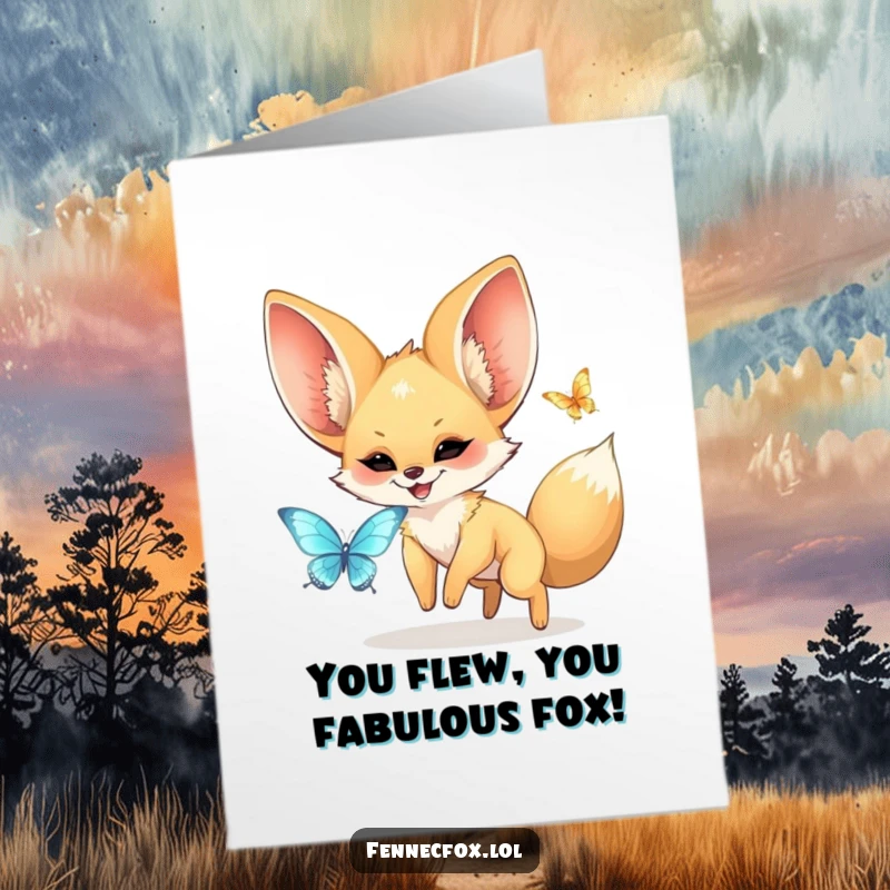 Funny Free Printable Congratulations Card showing a kawaii fennec fox with big ears excitedly chasing a shiny butterfly.