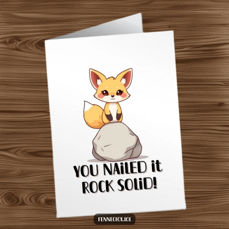 Funny Free Printable Congrats Card: Fennec fox character balancing a small, smooth rock, signifying achievement and focus.