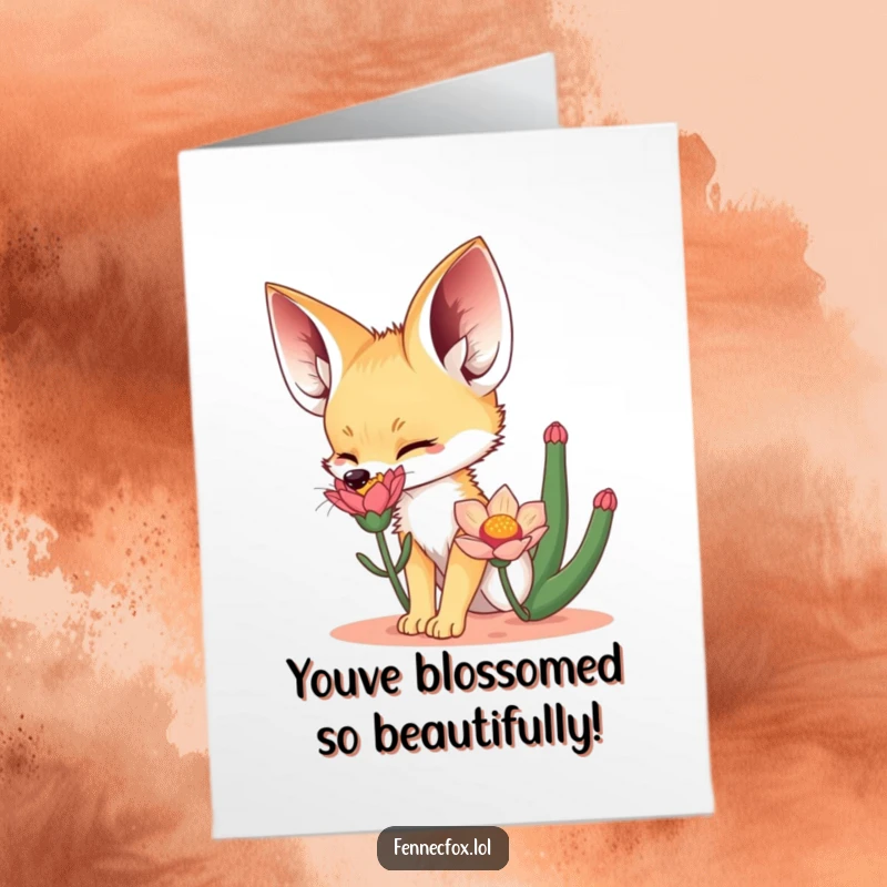 Funny Free Printable Congratulations Card of a fennec fox sniffing a vibrant desert flower, ideal for a humorous downloadable gift.