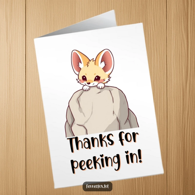 Funny Free Printable thank you card featuring a fennec fox curiously peeking over a tall rock, sending thanks.