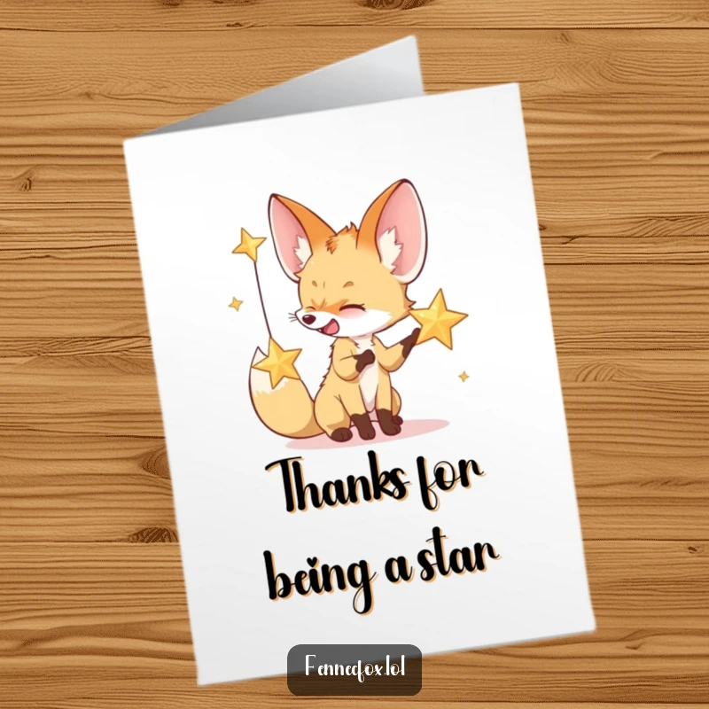 Funny Free Printable Thank You Card featuring a giggling fennec fox playing with a desert star, expressing gratitude with sparkle.