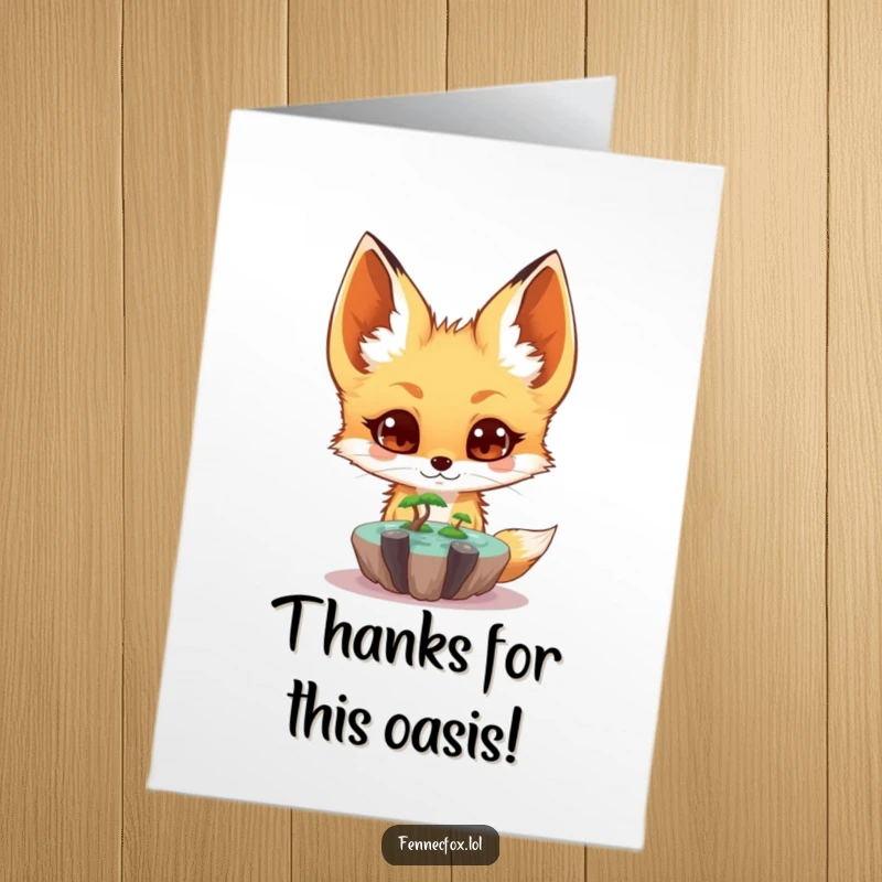 Funny Free Printable Thank You Card: Surprised fennec fox with wide eyes looking at a small floating oasis.