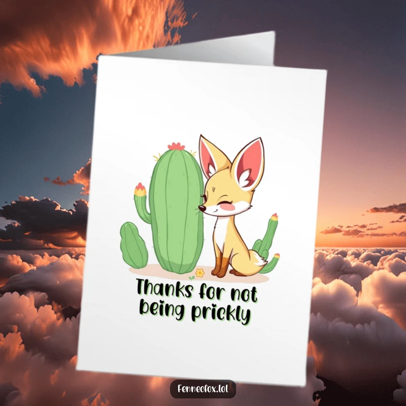 Funny Free Printable Thank You Card where a curious fennec fox happily sniffs a large, peculiar cactus.