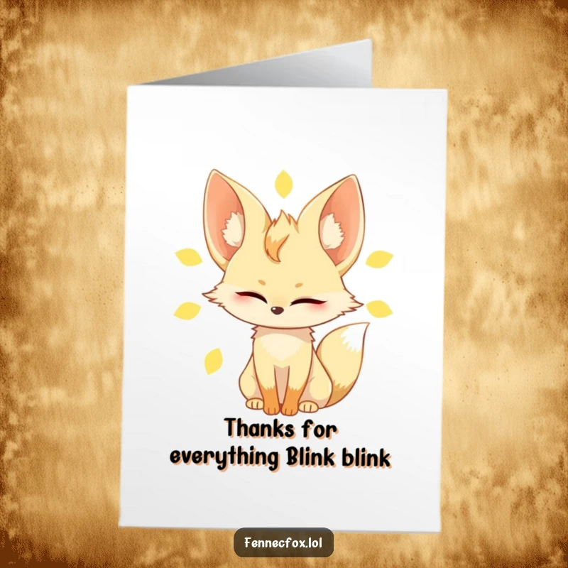 Funny Free Printable Thank You Card: Fennec fox blinking slowly, squinting in sun, expressing thanks lazily.