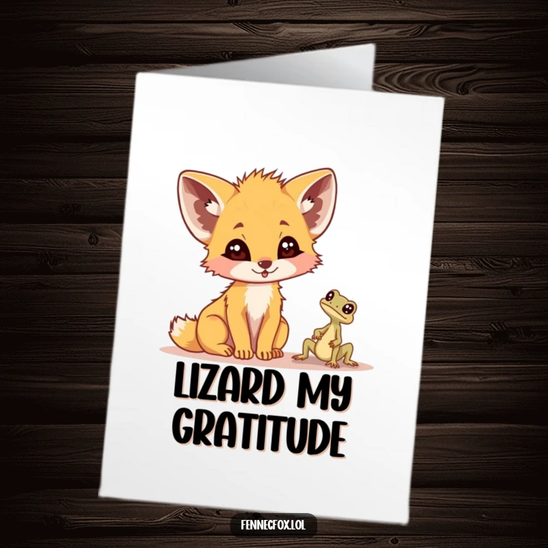 Funny Free Printable Thank You Card: A fennec fox startled by a tiny lizard, perfect for expressing thanks with a humorous touch. Downloadable.