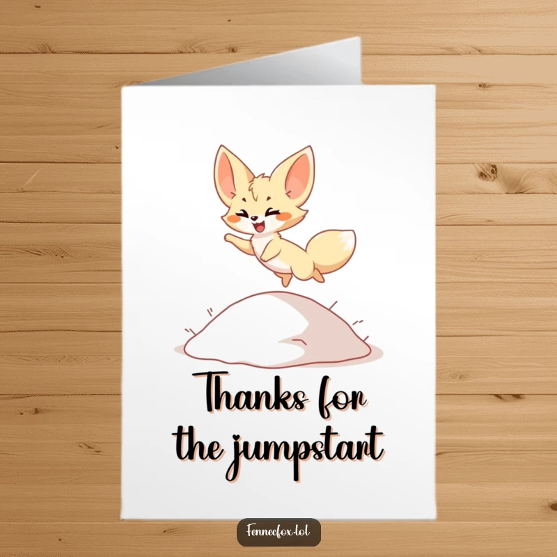 Funny Free Printable Thank You Card: Fennec fox character joyfully leaping over a dune, offering a humorous expression of gratitude.
