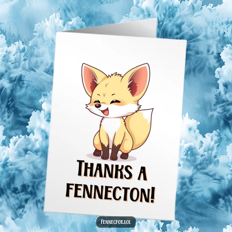 Funny Free Printable Thank You Card: A happy fennec fox with a wildly wagging bushy tail conveys heartfelt thanks.