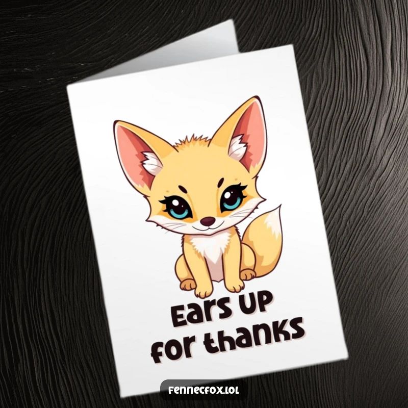 Funny Free Printable Thank You Card: Fennec fox with large ears, listening carefully, perfect for expressing thanks and appreciation. Downloadable.