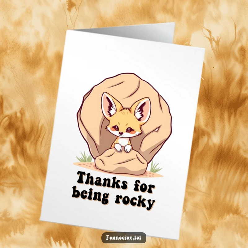 Funny Free Printable Thank You Card: A shy fennec fox peeks from behind a desert rock, offering a quiet thank you.