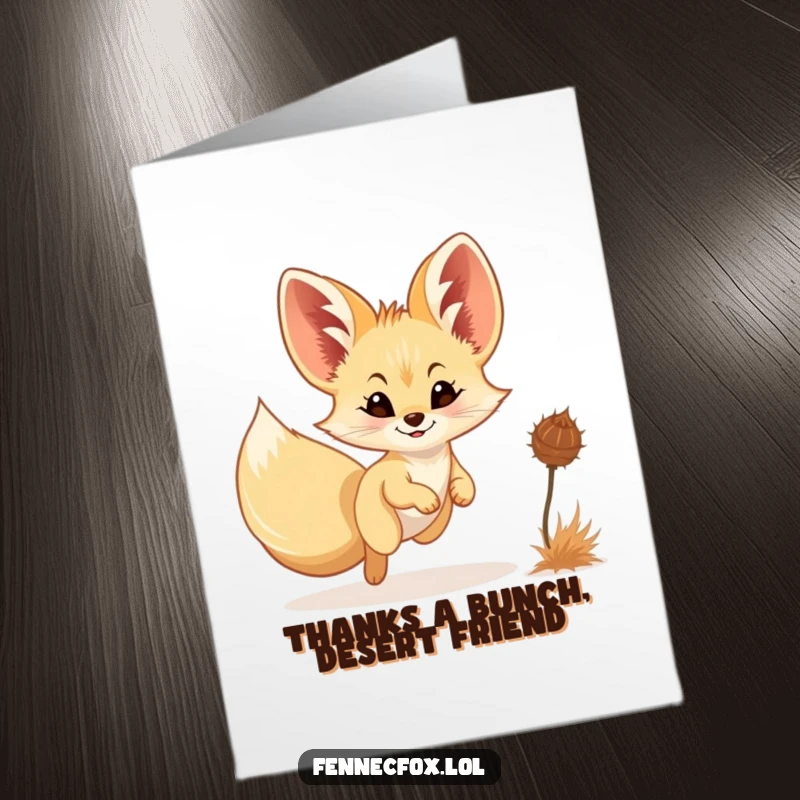 Funny free printable thank you card of a fennec fox with a tiny smile reaching for a falling star.