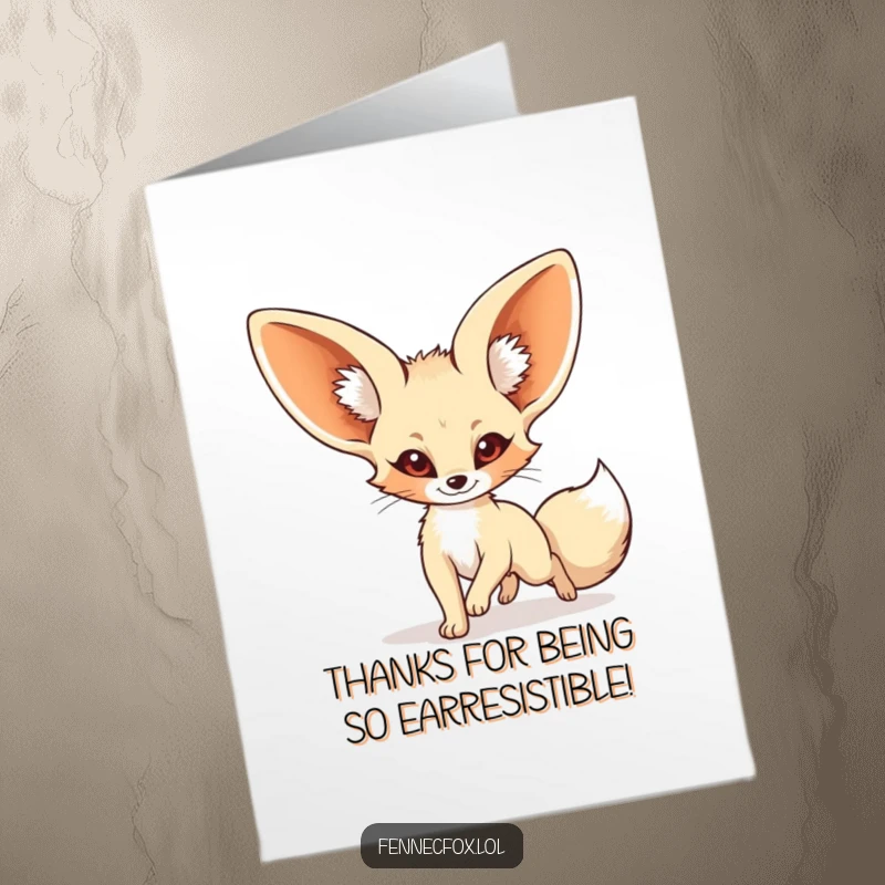 Funny Free Printable Thank You Card: A silly fennec fox with massive ears hilariously chasing its own tail with glee.