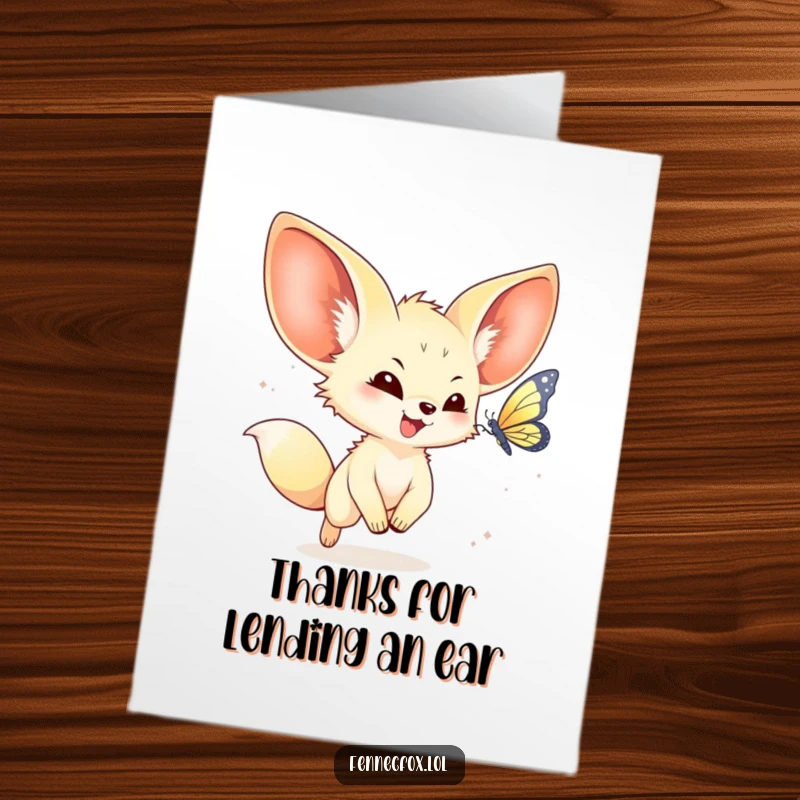 Funny Free Printable Thank You Card: Kawaii fennec fox with enormous ears chasing a butterfly, expressing gratitude.