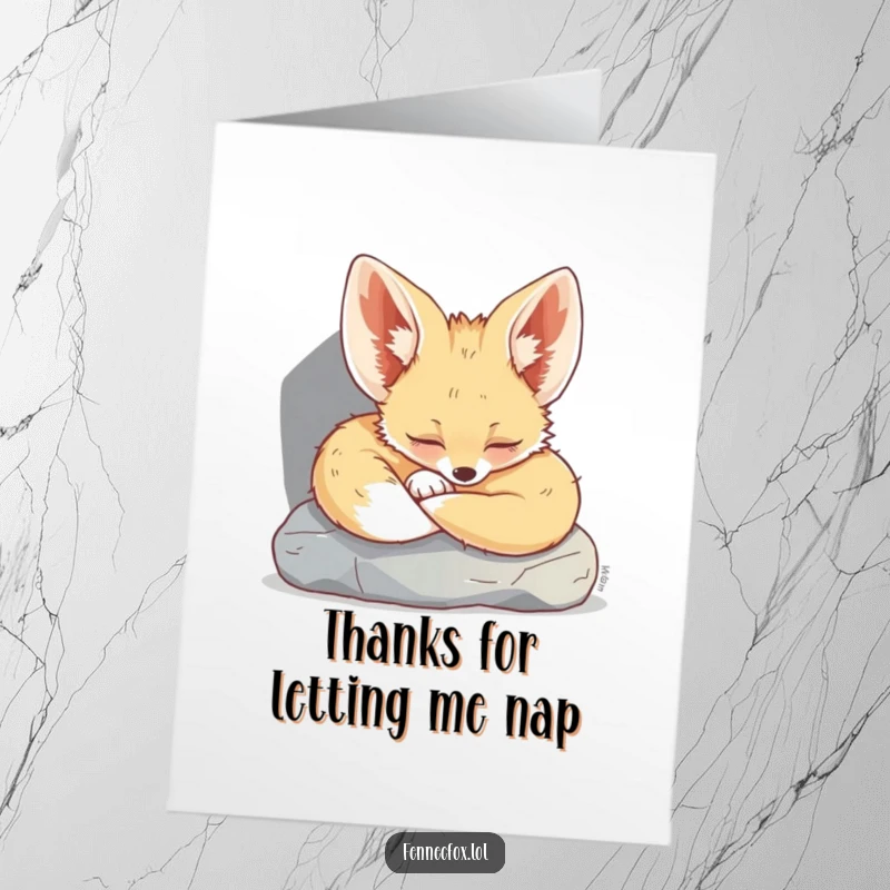 Funny Free Printable Thank You Card: A peaceful fennec fox napping under a rock, conveying thanks with quiet charm.