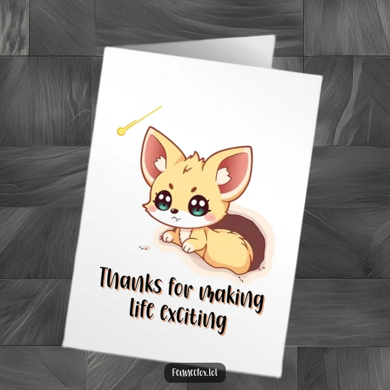 Funny Free Printable Thank You Card: Fennec fox peeking from its burrow, eyes wide with excitement at a shooting comet.
