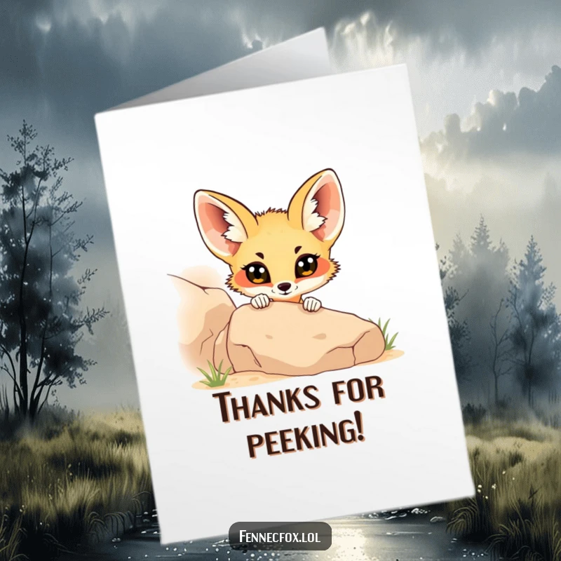 Funny Free Printable Thank You Card: Fennec fox with wide curious eyes peeking, conveying thanks with a downloadable gift.