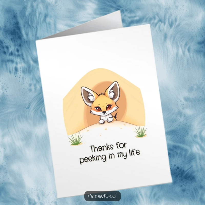 Funny Free Printable Thank You Card: A cute fennec fox with giant ears shyly peeking out from behind a huge sand dune.