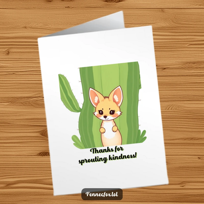 Funny Free Printable Thank You Card: A shy fennec fox with oversized ears peeks from behind a large cactus.