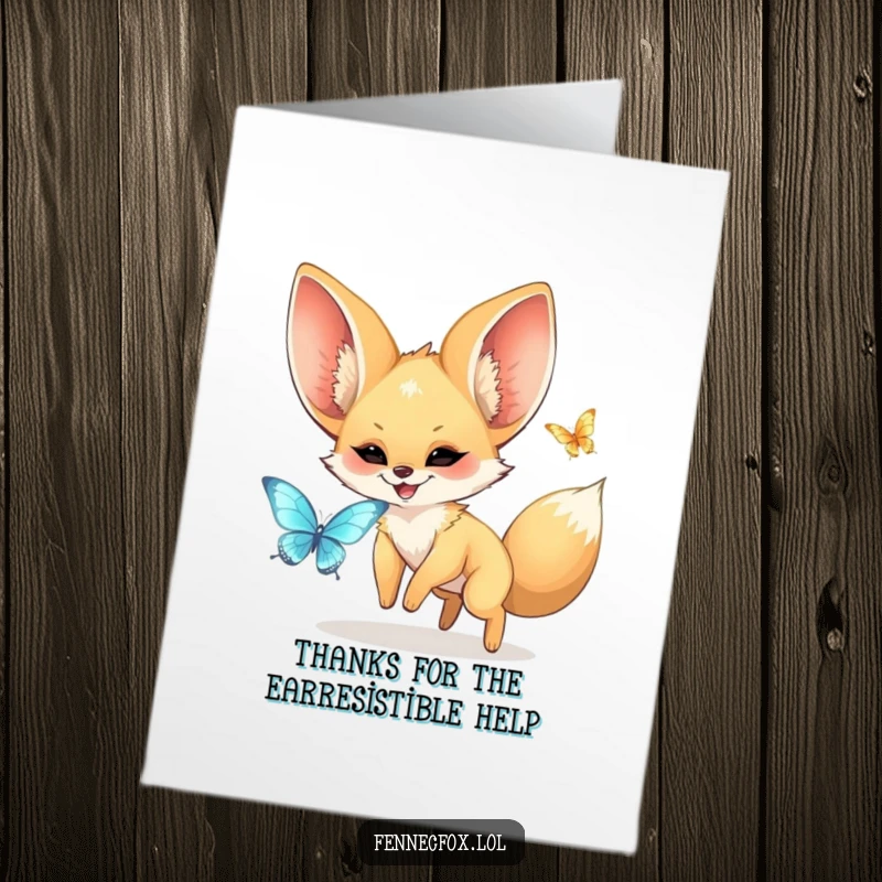 Funny Free Printable Thank You Card depicting a kawaii fennec fox with enormous ears joyfully running after a shimmering butterfly.