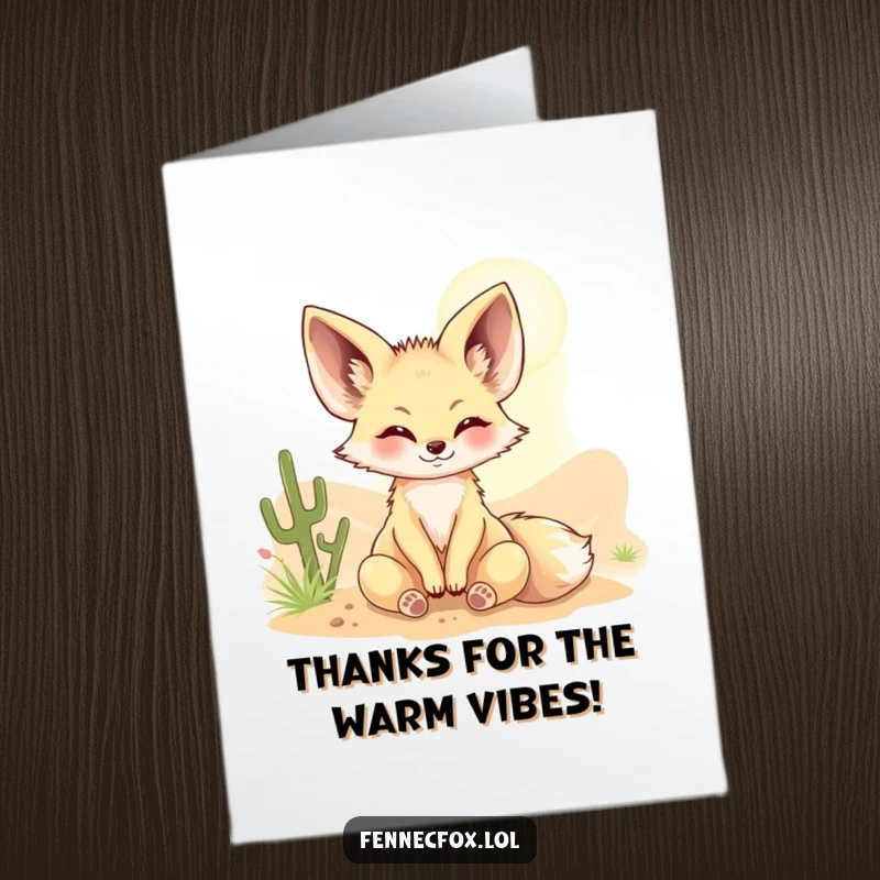 Funny Free Printable thank you card featuring a fennec fox basking happily in a warm sunbeam, conveying warm thanks.