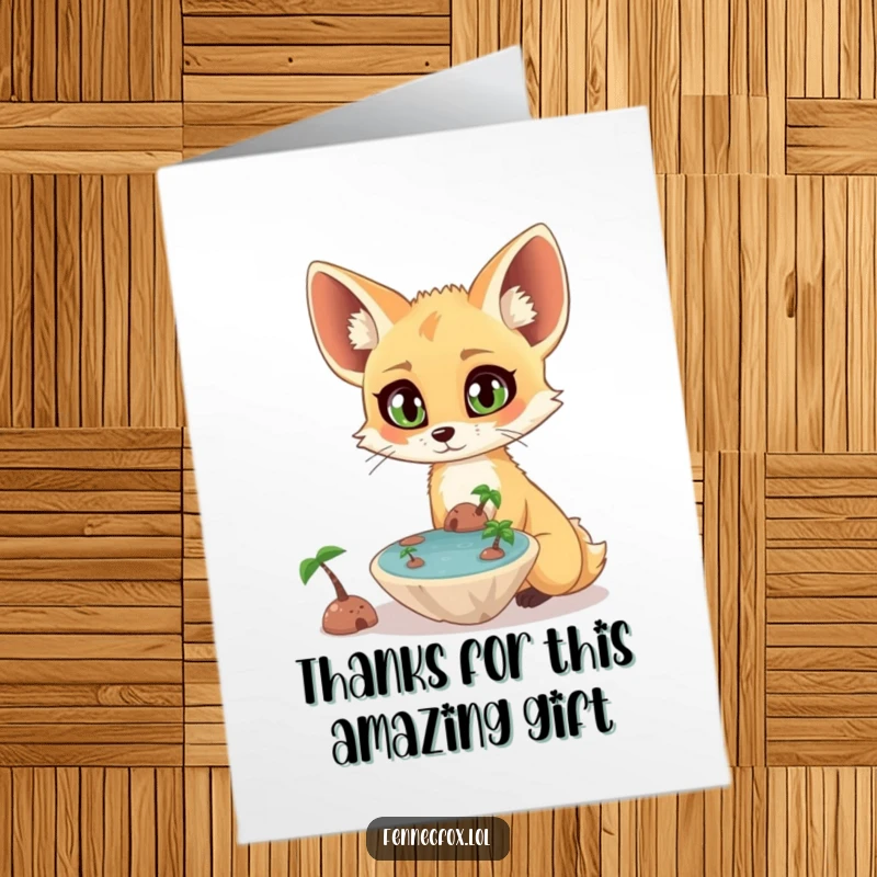 Funny Free Printable Thank You Card depicting a surprised fennec fox with wide eyes gazing at a small, floating oasis.