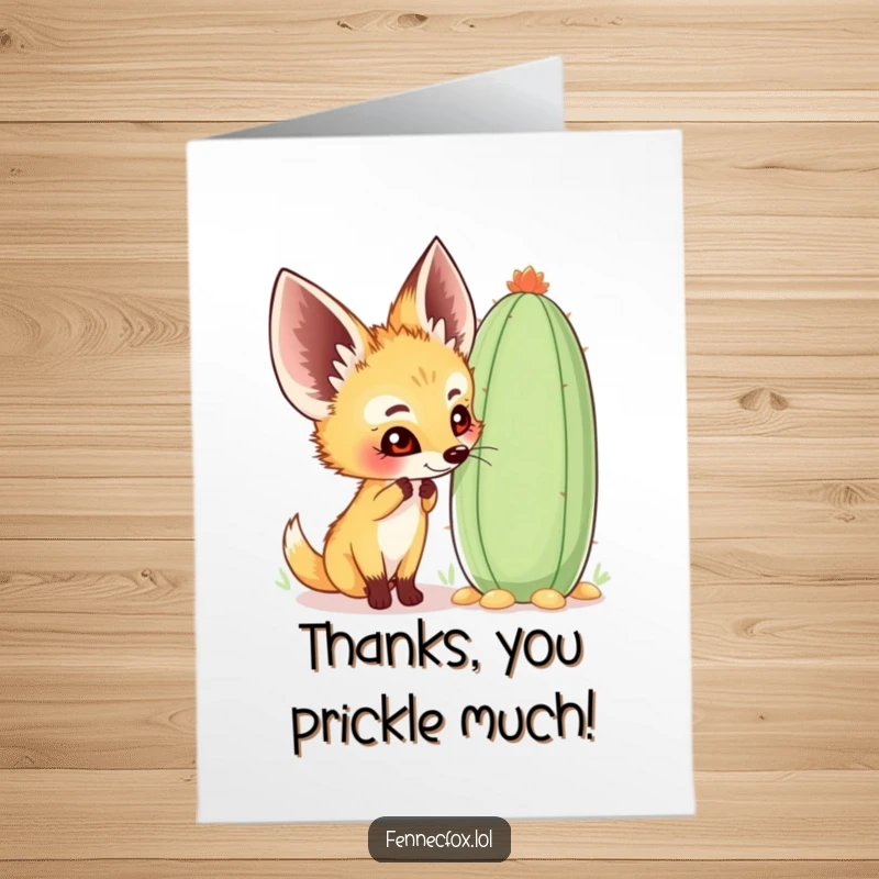 Funny Free Printable Thank You Card: Curious fennec fox happily sniffing a large, whimsical cactus, conveying thanks.