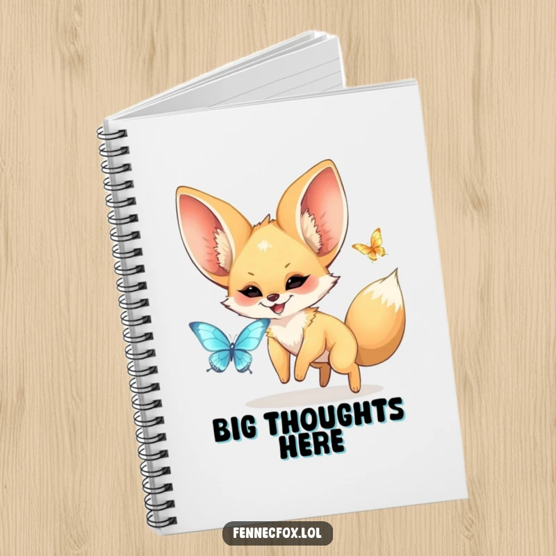 Funny kawaii fennec fox with enormous ears joyfully chasing a shimmering butterfly, on the cover of a lined notebook. A cute and funny journal.