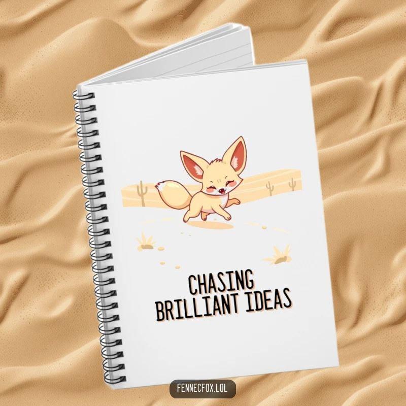 Funny Fennec Fox Notebook featuring a playful fox with large ears chasing a shimmering desert mirage. Ideal for journaling dreams.