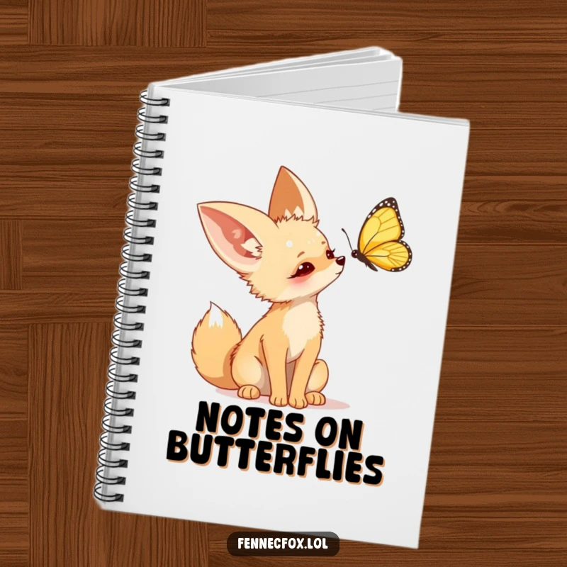 Funny Fennec Fox Notebook depicting a cute desert fox tilting its head curiously at a butterfly, perfect for journaling.