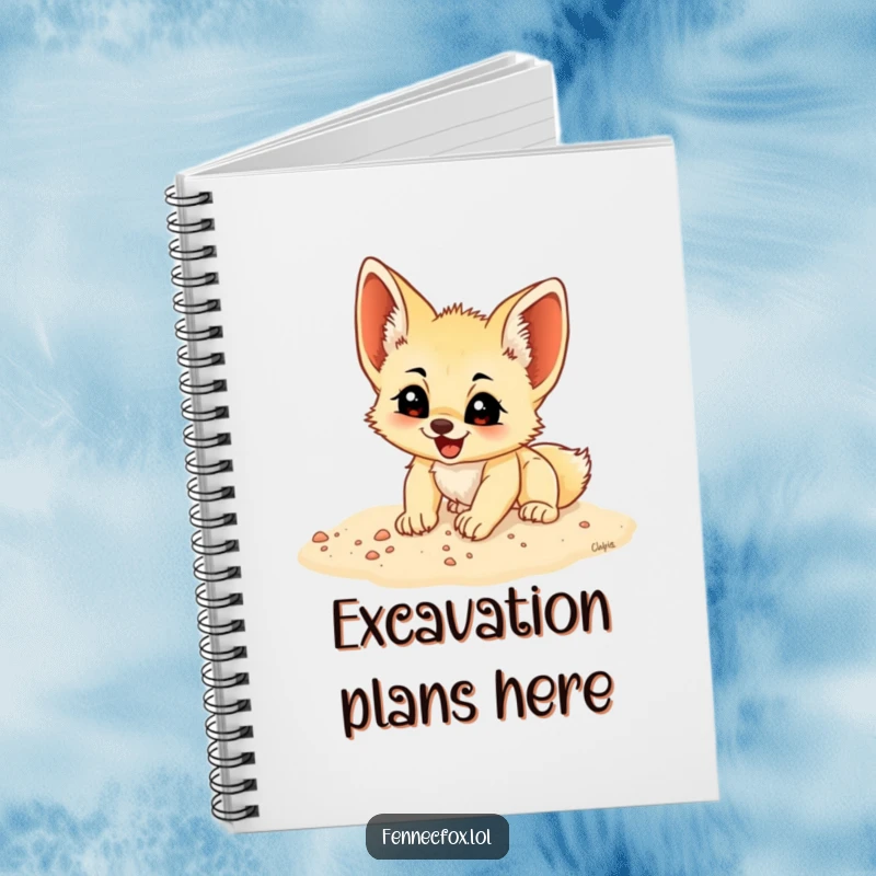 Funny fennec fox cub digging enthusiastically in soft sand, on a notebook cover, ideal for jotting down funny thoughts.