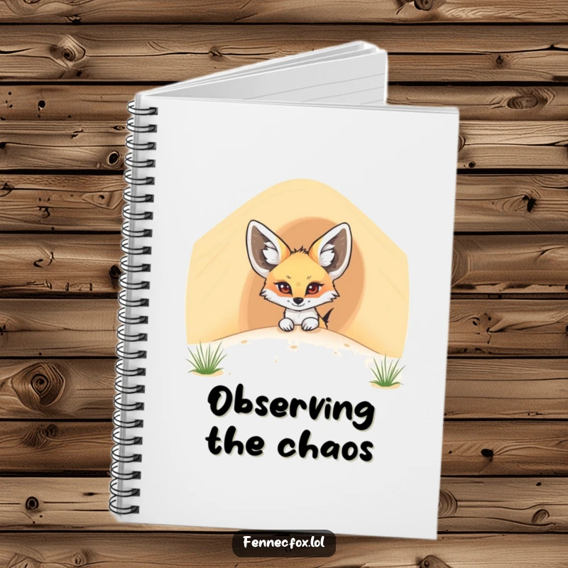 Funny fennec fox notebook with a cartoon desert fox peeking from behind a sand dune on the cover, ideal for journaling.