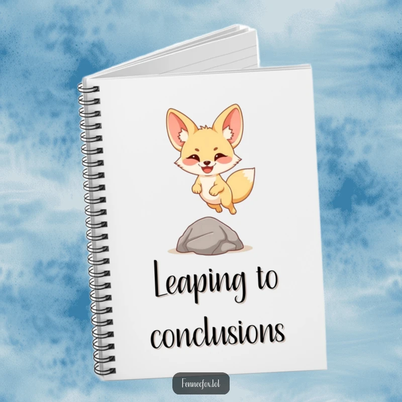 Funny fennec fox notebook with a cartoon desert fox happily leaping over a small rock on the cover, perfect for cheerful writing.