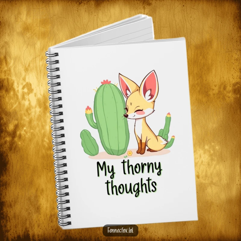 Funny curious fennec fox sniffing a large, whimsical cactus with a happy expression on the cover of a lined notebook. A cute and funny journal.