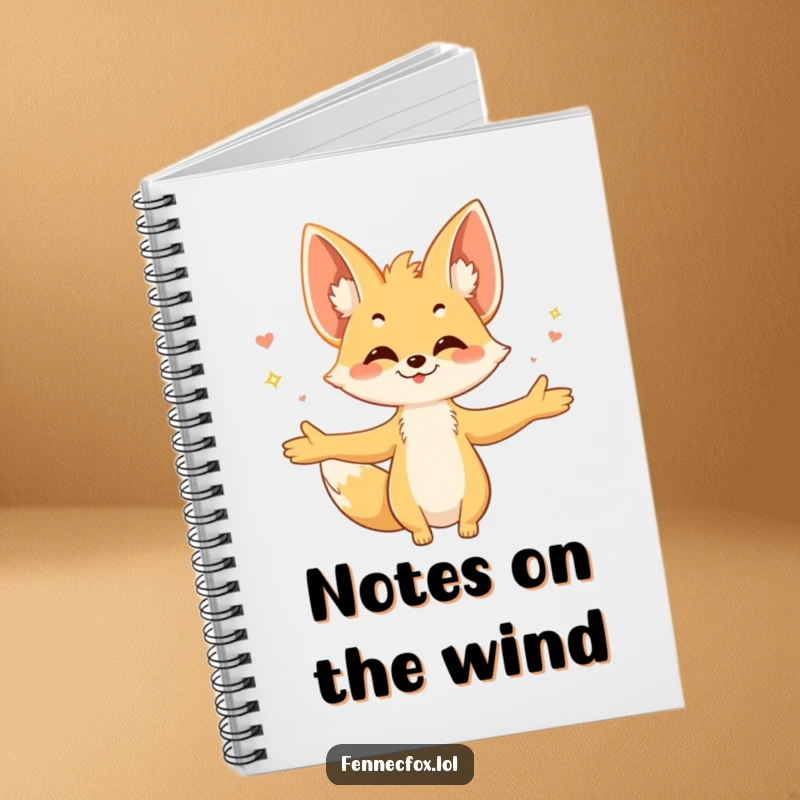 Funny fennec fox notebook cover, showing the character with arms open, embracing a warm breeze, large ears slightly swayed, ready for notes.