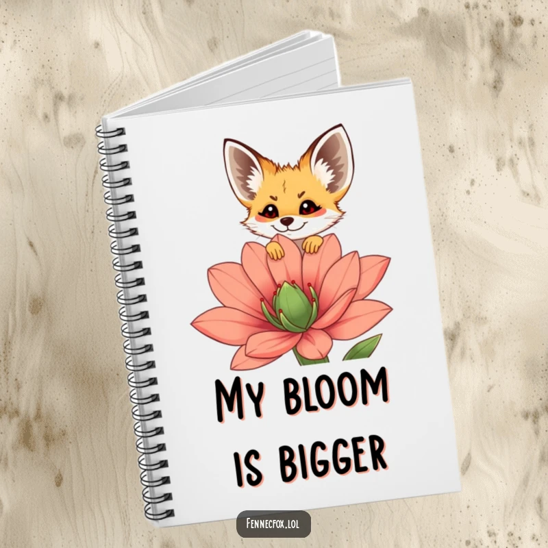 Funny fennec fox notebook with a cover depicting a cute character peeking over a large desert flower, perfect for journaling.