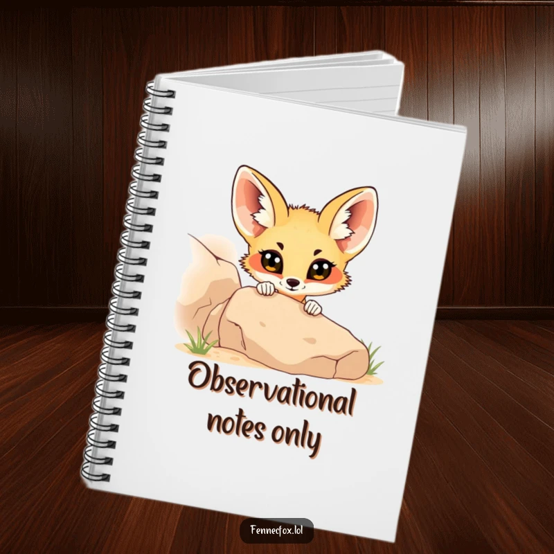 Funny fennec fox peeking from behind a desert rock, on a notebook cover, great for writing down curious thoughts.