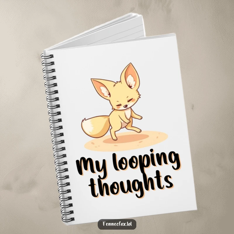 Funny fennec fox notebook featuring a playful fennec fox chasing its tail in a sandy circle, perfect for writing with desert humor.