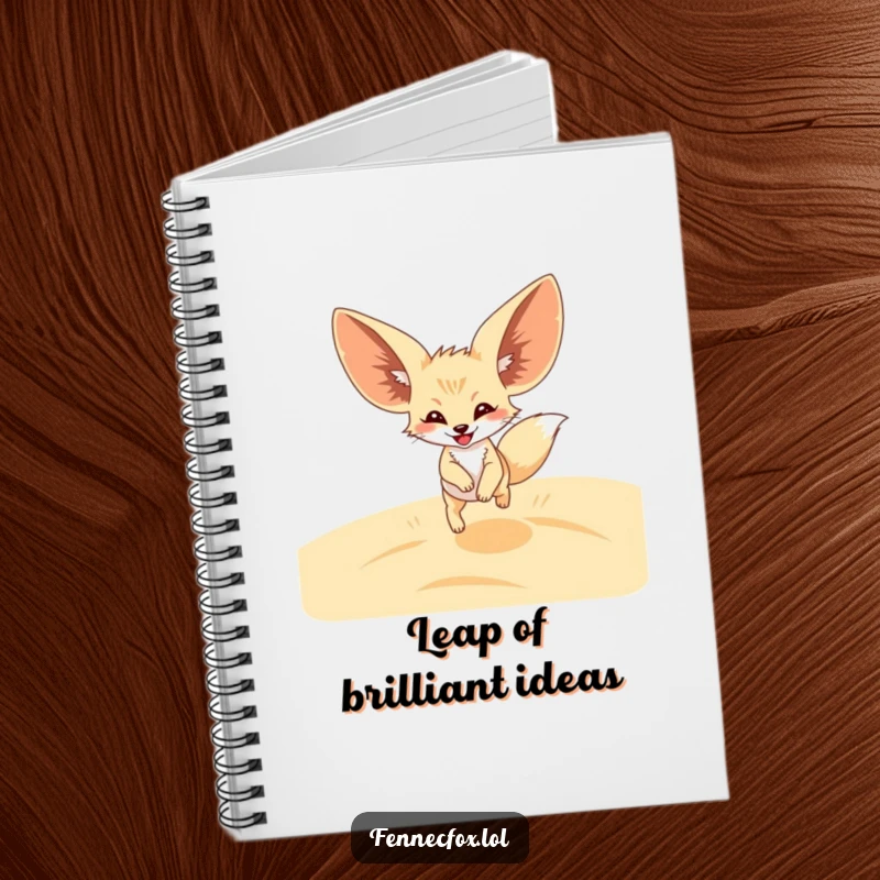 Funny Fennec Fox Notebook featuring a happy fox with enormous ears joyfully leaping across sandy desert dunes. Ideal for creative writing.