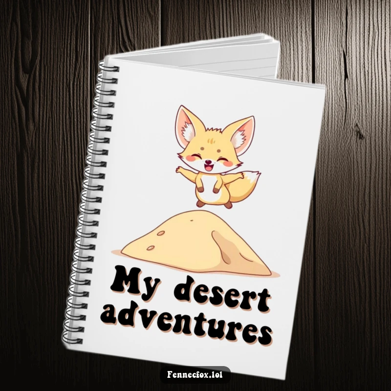 Funny notebook cover featuring a fennec fox leaping over a sand dune, perfect for notes and adventure planning.