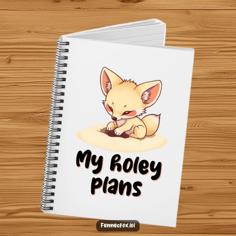 Funny notebook with a fennec fox energetically digging a hole in soft sand, perfect for notes.