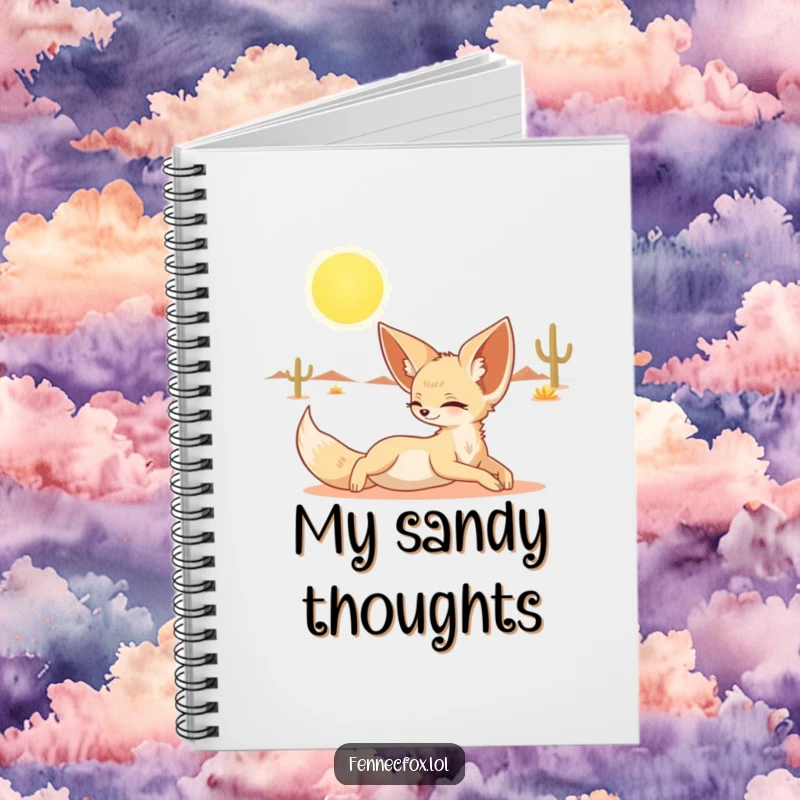 Funny notebook cover showing a fennec fox stretching under the desert sun, ideal for journaling.