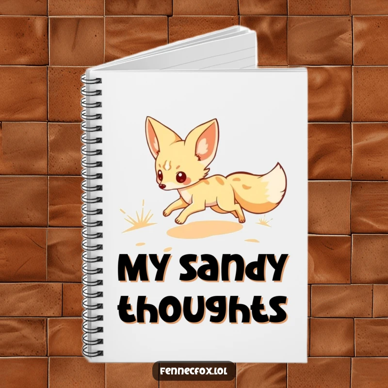 Funny notebook with a fennec fox character scampering across a sandy landscape, ideal for journaling, note-taking, or sketching with a desert and humorous theme.